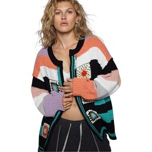 POL Oversized Spring Granny Patchwork Chunky Cardigan Sweater Boho Cottage Large